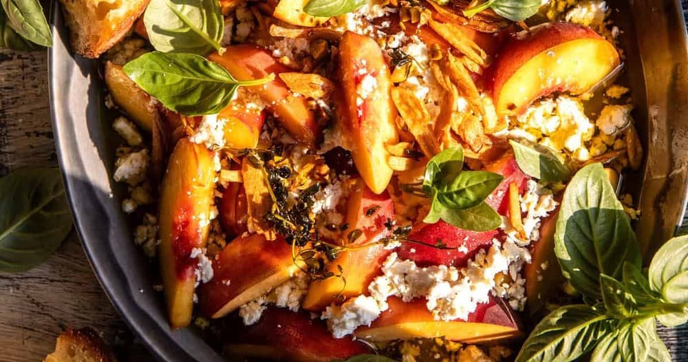 Garlic Oil Feta Dip with Peaches.